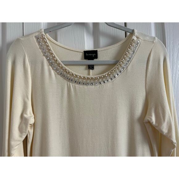 La Vayna Cream Beaded Jeweled Flattering Scooped Round Neck Sweater Blouse PL - Picture 1 of 8